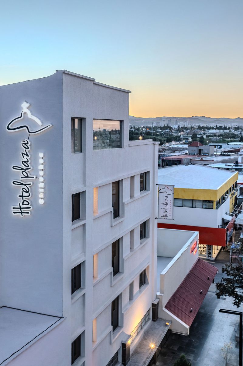 Hotel facade at dusk